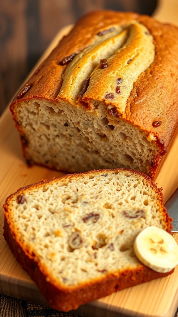 Sliced banana bread on a wooden cutting board with banana slices and a butter knife.